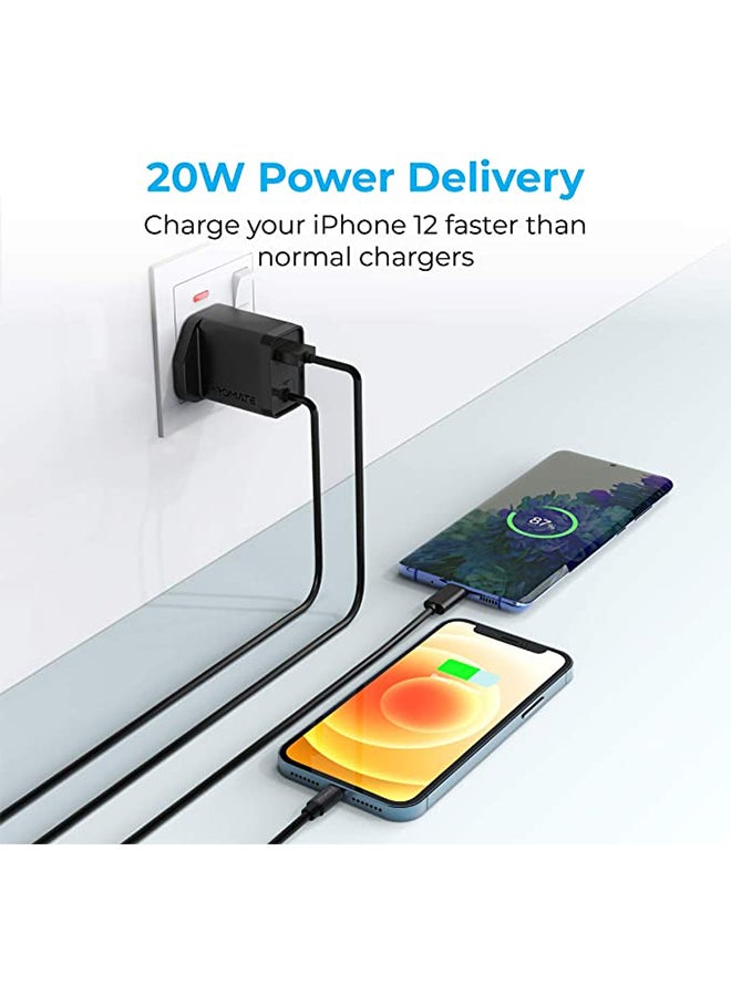 Fast Charging 20W Power Delivery Wall Charger With 1.5m Lightning Cable Black