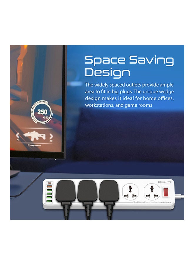 Power Extension, Powerful 2500W Universal 10 AC Sockets Power Strip with 5M Cord, 20W Type-C Power Delivery Port, 4 USB Smart Charge Ports and 18W QC 3.0 Port for Home/Office, Power Matrix-5M White