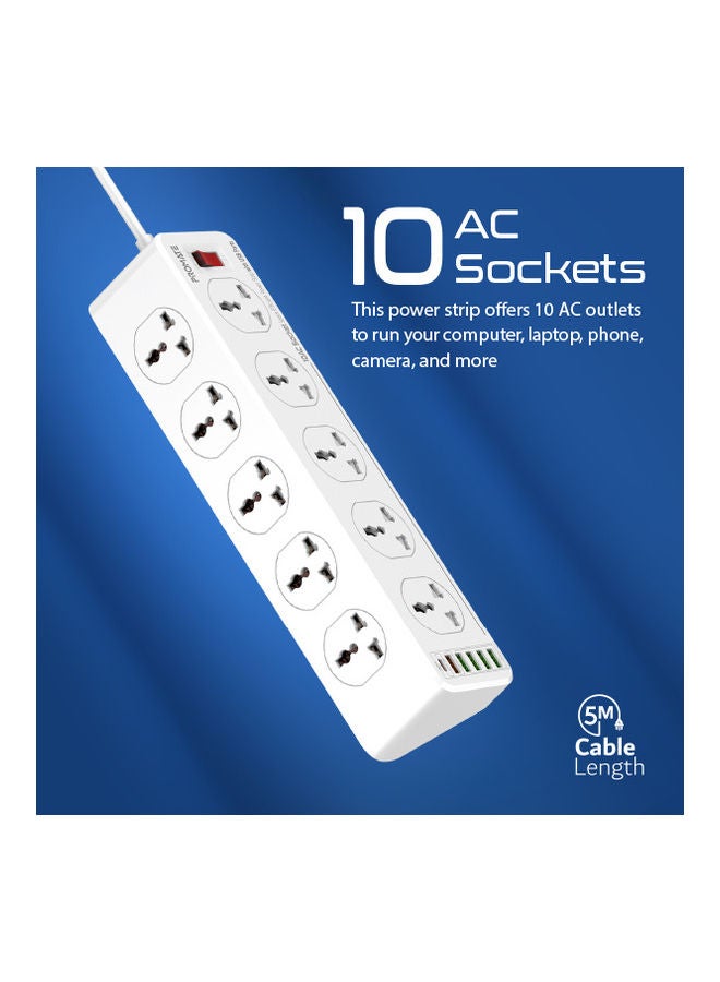 Power Extension, Powerful 2500W Universal 10 AC Sockets Power Strip with 5M Cord, 20W Type-C Power Delivery Port, 4 USB Smart Charge Ports and 18W QC 3.0 Port for Home/Office, Power Matrix-5M White