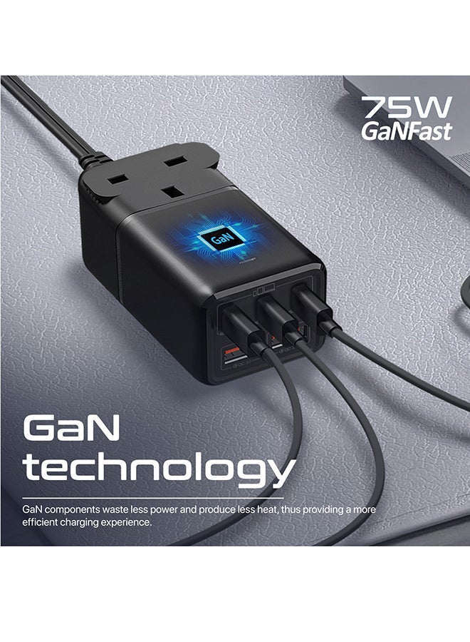 6-In-1 Multi-Port 75W GaNFast Power Extension With 3250W AC Socket Black