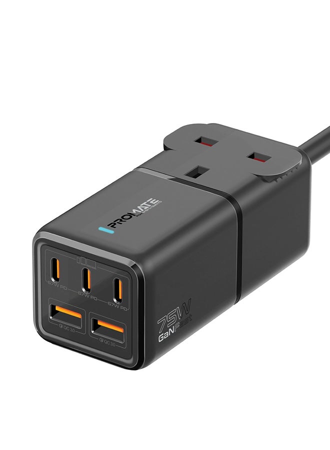 6-In-1 Multi-Port 75W GaNFast Power Extension With 3250W AC Socket Black