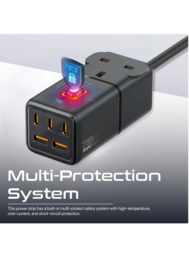 6-In-1 Multi-Port 75W GaNFast Power Extension With 3250W AC Socket Black