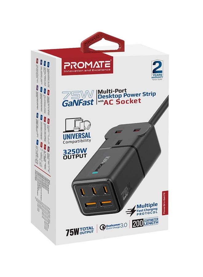 6-In-1 Multi-Port 75W GaNFast Power Extension With 3250W AC Socket Black