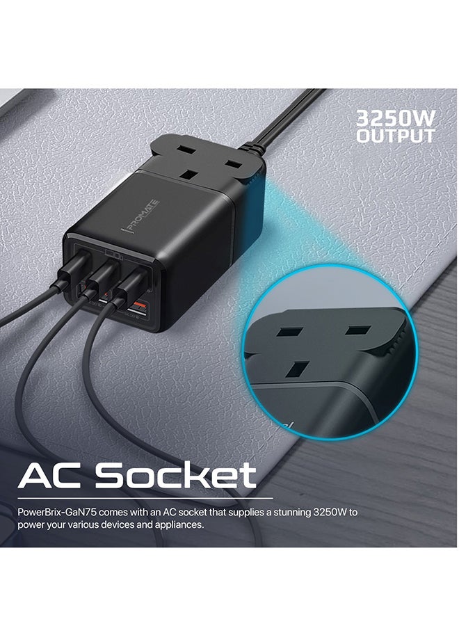 6-In-1 Multi-Port 75W GaNFast Power Extension With 3250W AC Socket Black