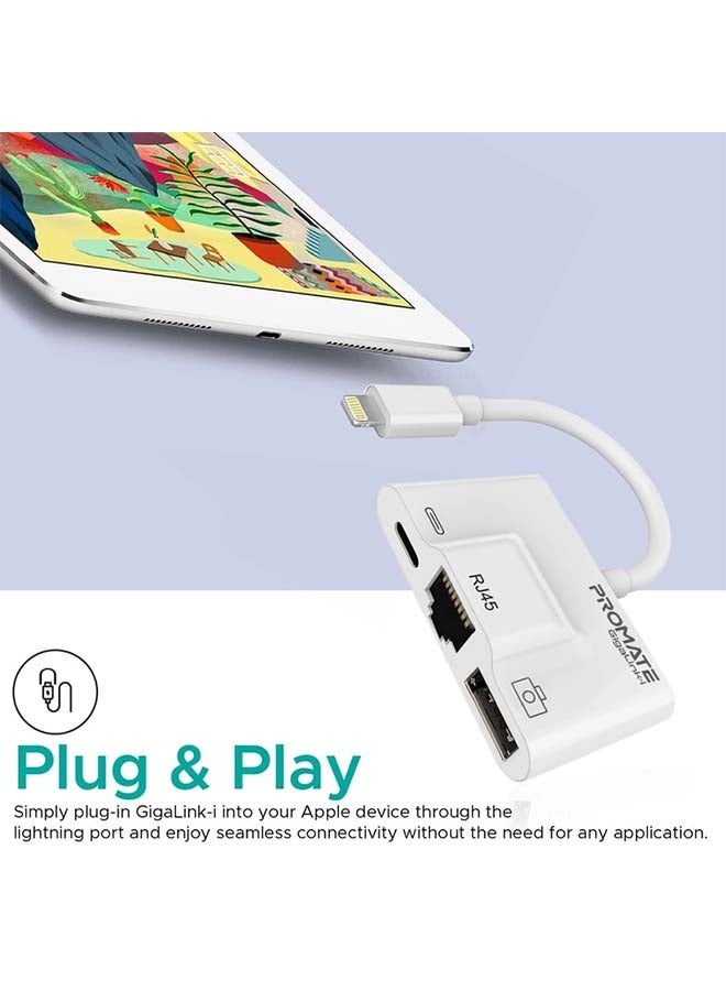 USB Hub, 3 in 1 RJ45 Ethernet LAN Wired Network Adapter with USB OTG Camera Adapter Kit and 2A Pass-Through Charging and Syncing Adapter for iPhone XS Plus/iPad/iPad Pro, GigaLink-I White White