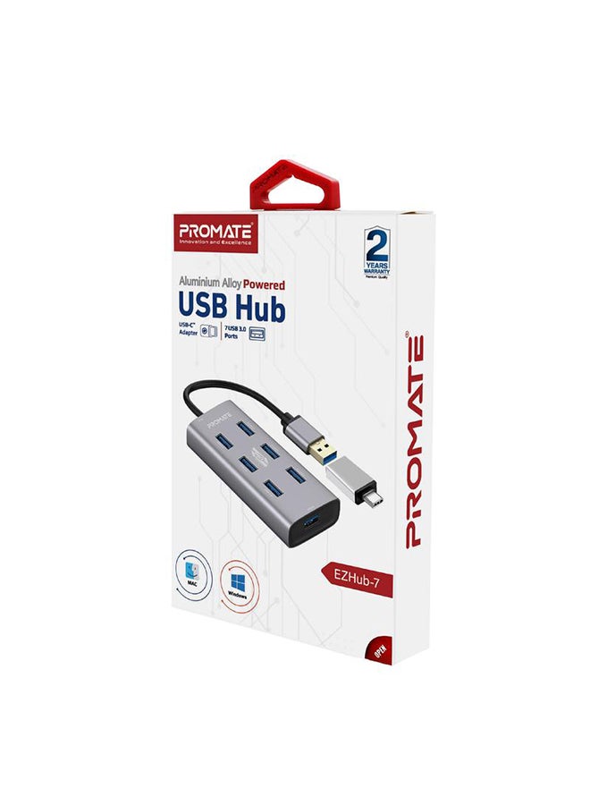 7 Port USB 3.0 Hub, Portable Aluminium Alloy Port USB 3.0 Powered Hub with 5Gbps Data Transfer and USB-C Power Adapter for MacBook, iMac, Laptop, USB Flash Drive, HDD Hard Drive, EZHub-7 Grey