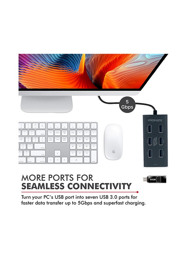 7 Port USB 3.0 Hub, Portable Aluminium Alloy Port USB 3.0 Powered Hub with 5Gbps Data Transfer and USB-C Power Adapter for MacBook, iMac, Laptop, USB Flash Drive, HDD Hard Drive, EZHub-7 Grey