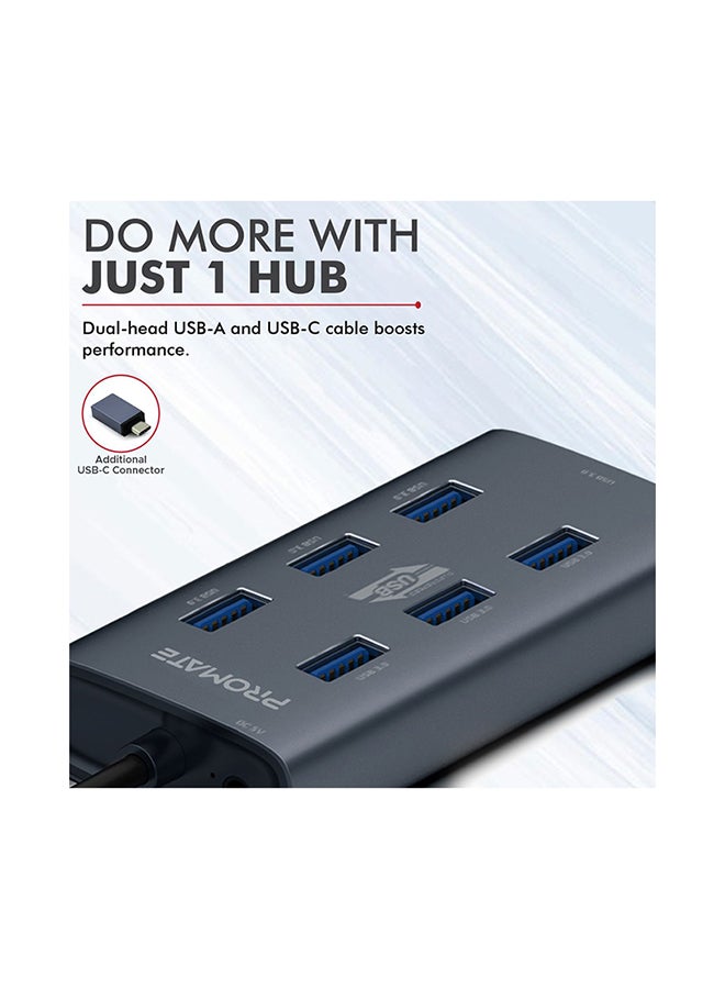 7 Port USB 3.0 Hub, Portable Aluminium Alloy Port USB 3.0 Powered Hub with 5Gbps Data Transfer and USB-C Power Adapter for MacBook, iMac, Laptop, USB Flash Drive, HDD Hard Drive, EZHub-7 Grey