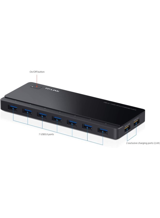 7-Port 3.0 USB Hub With 2 Charging Ports Black