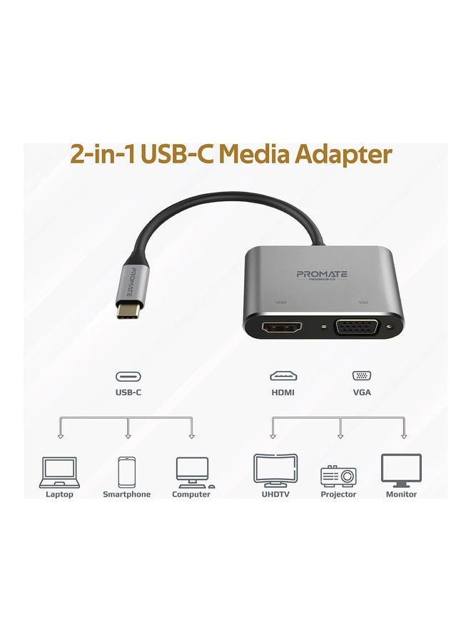 Promate USB-C™ to VGA and HDMI Adapter, High Definition Aluminium Converter 4K Ultra HD Adapter with 1080 VGA and Dual Screen Display Support for  MacBook Pro/Air, iPad Pro, MediaHub-C2 Grey