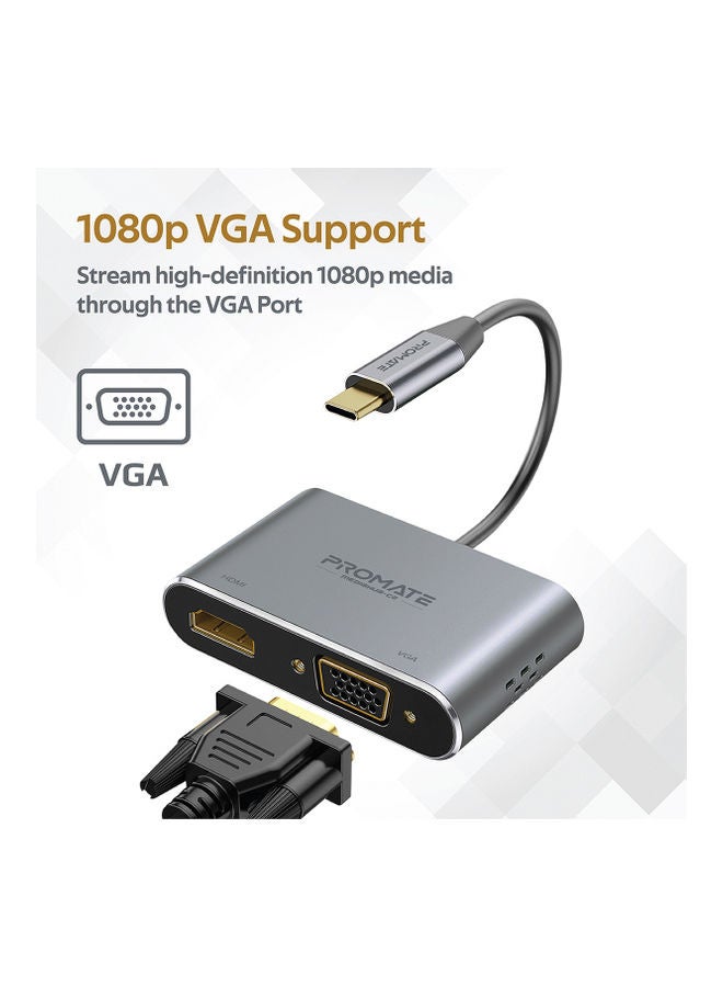 Promate USB-C™ to VGA and HDMI Adapter, High Definition Aluminium Converter 4K Ultra HD Adapter with 1080 VGA and Dual Screen Display Support for  MacBook Pro/Air, iPad Pro, MediaHub-C2 Grey