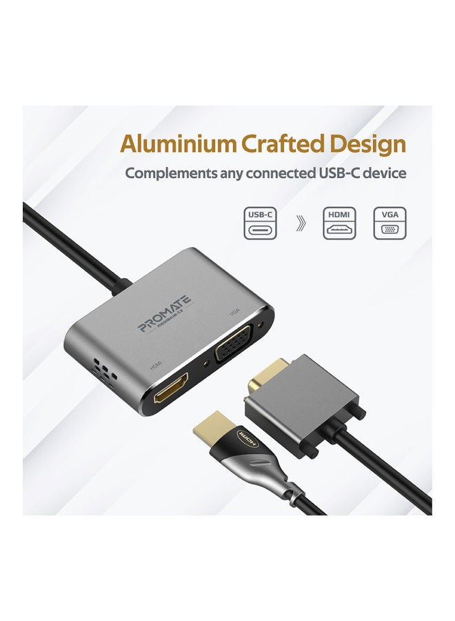 Promate USB-C™ to VGA and HDMI Adapter, High Definition Aluminium Converter 4K Ultra HD Adapter with 1080 VGA and Dual Screen Display Support for  MacBook Pro/Air, iPad Pro, MediaHub-C2 Grey