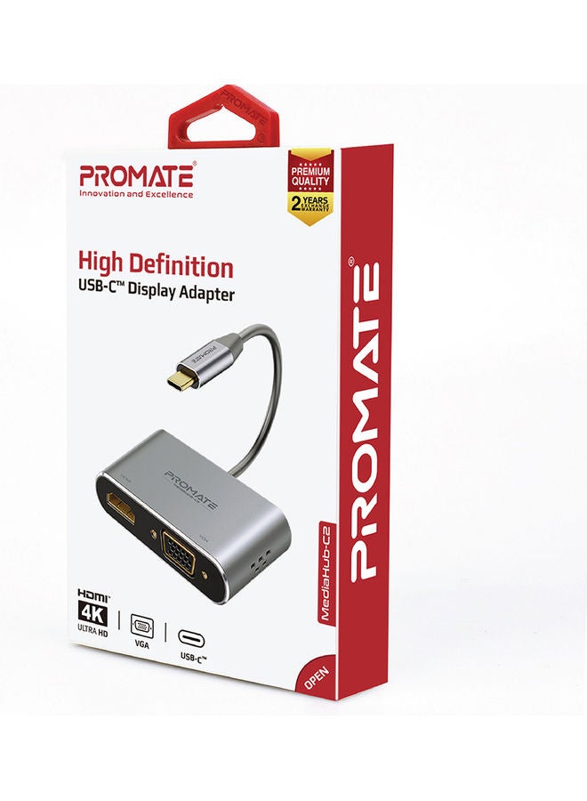 Promate USB-C™ to VGA and HDMI Adapter, High Definition Aluminium Converter 4K Ultra HD Adapter with 1080 VGA and Dual Screen Display Support for  MacBook Pro/Air, iPad Pro, MediaHub-C2 Grey