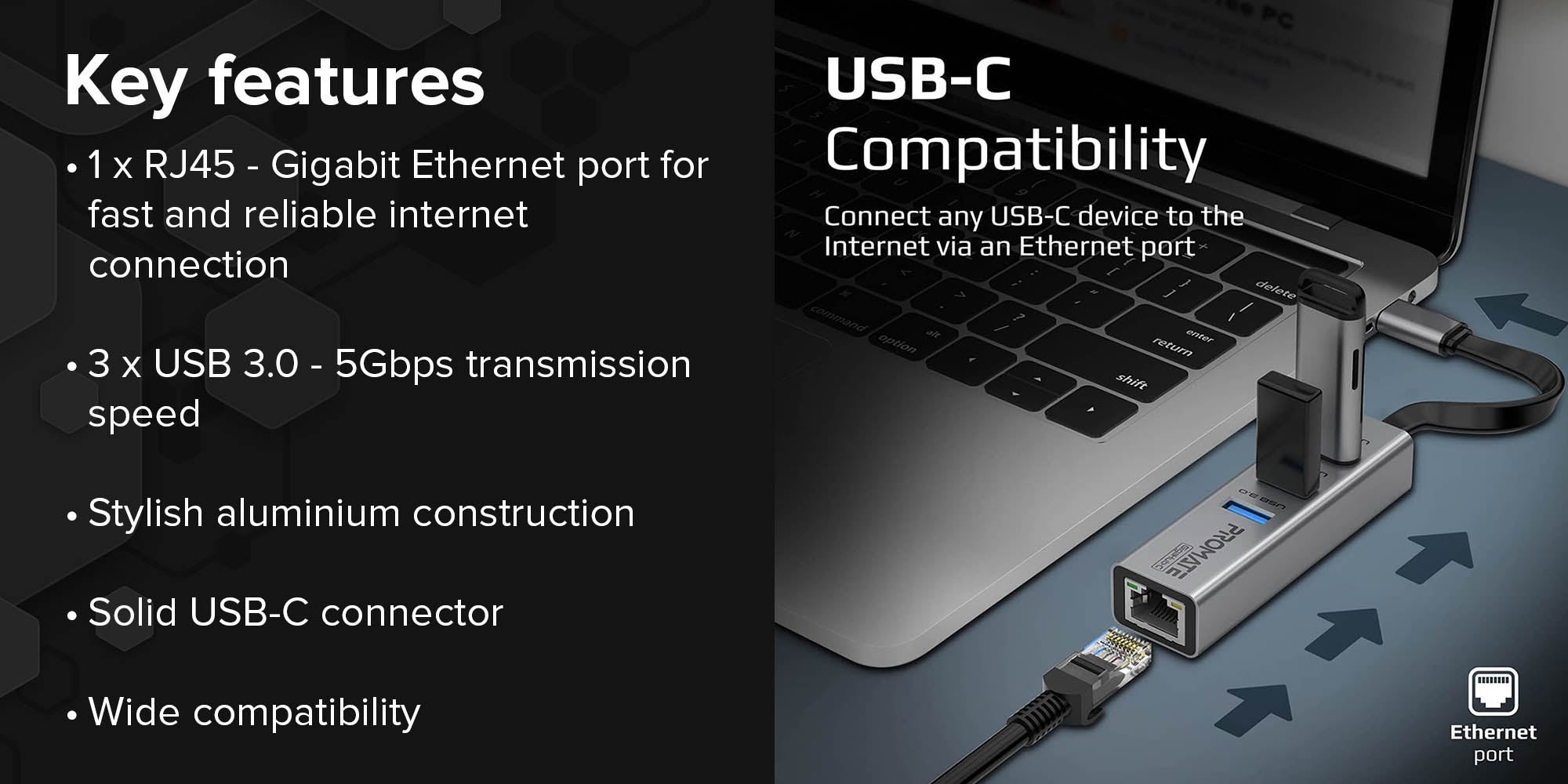 Multiport USB-C To 1000Mbps RJ45 Network Adapter And Ultra-Fast 3 USB Ports With 5 Gbps Data Transfer Speed Hub For Apple MacBook Pro/Air/iMac/iPad Pro/Surface/XPS/GigaHub-C Black