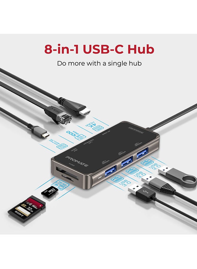 USB-C Hub to 4K HDMI, 100W Power Delivery, RJ45 Port,  3 USB Ports, TF/SD Slot, PrimeHub-Mini Black