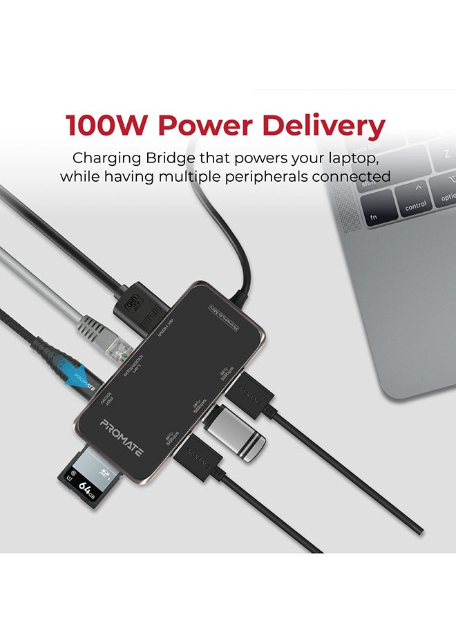 USB-C Hub to 4K HDMI, 100W Power Delivery, RJ45 Port,  3 USB Ports, TF/SD Slot, PrimeHub-Mini Black