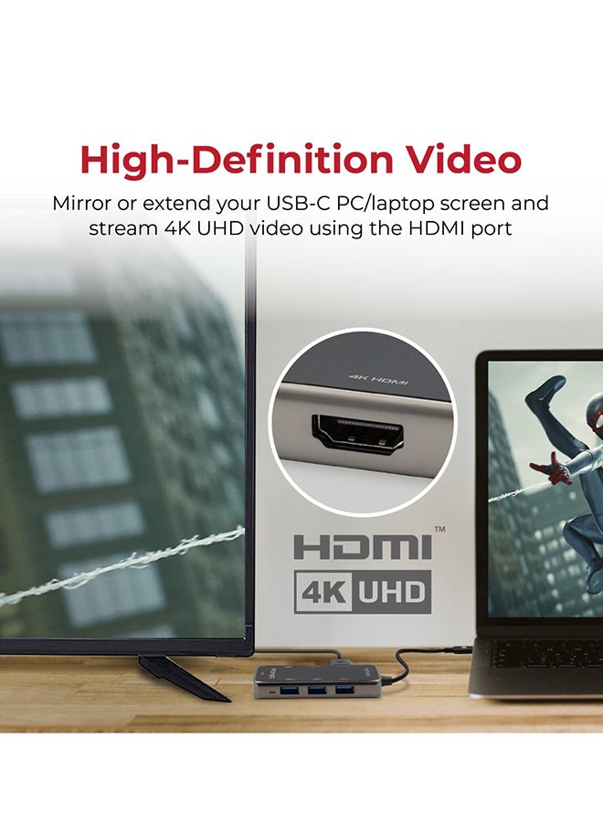 USB-C Hub to 4K HDMI, 100W Power Delivery, RJ45 Port,  3 USB Ports, TF/SD Slot, PrimeHub-Mini Black