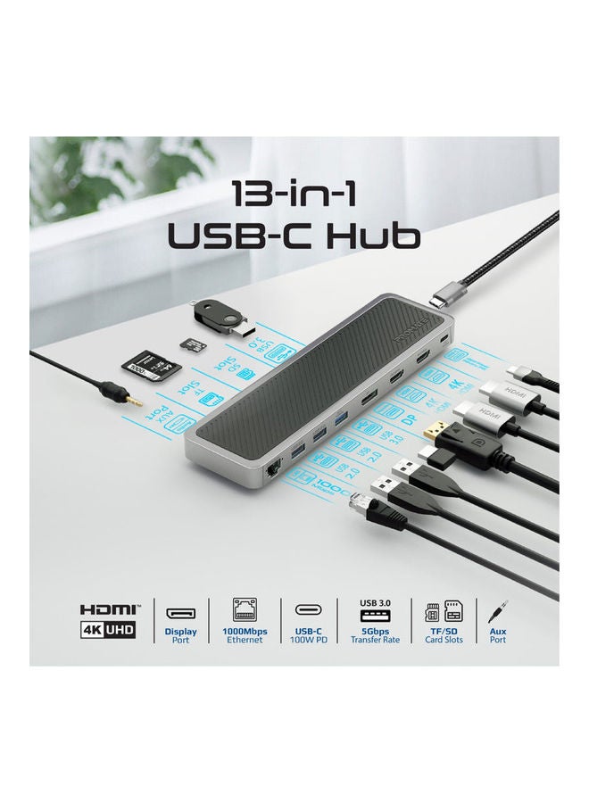 USB-C Hub 13 In 1 Multi-Display Hub With Dual 4K HDMI 4K Display Port 1000Mbps LAN 100W Power Delivery Aux SD TF Card Slot USB 3.0 Black