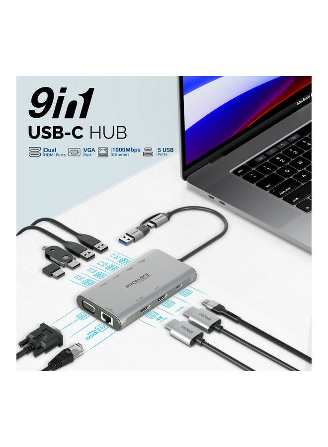 USB-C Media Hub Premium 4K Triple Display Aluminum Hub With Dual HDMI VGA Port 1000Mbps Ethernet 20W Power Delivery And Sync Charge USB Ports For Windows OS Silver