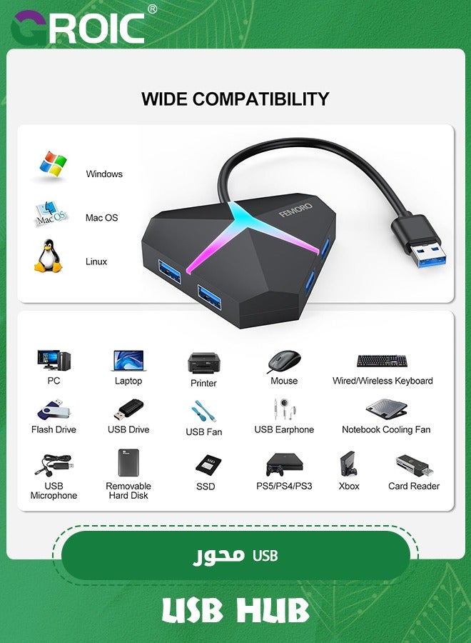 USB Hub 3.0, 4 Port USB 3.0 Hub Powered Splitter Expander, Multi Extra USB Port Extender Adapter Charging & High Speed Data Transfer for Laptop PC MacBook Mac Pro Mouse Keyborad HDD