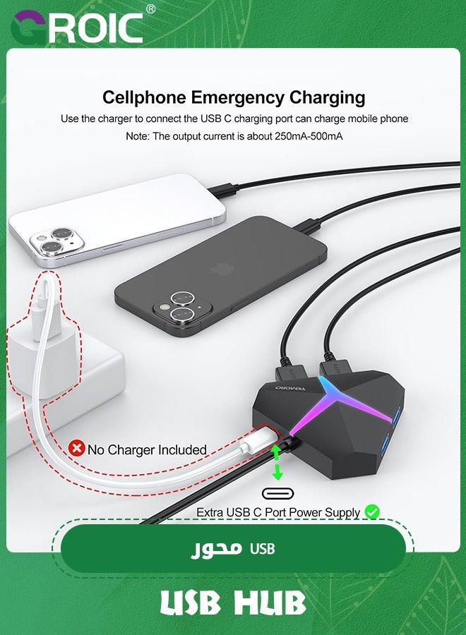 USB Hub 3.0, 4 Port USB 3.0 Hub Powered Splitter Expander, Multi Extra USB Port Extender Adapter Charging & High Speed Data Transfer for Laptop PC MacBook Mac Pro Mouse Keyborad HDD