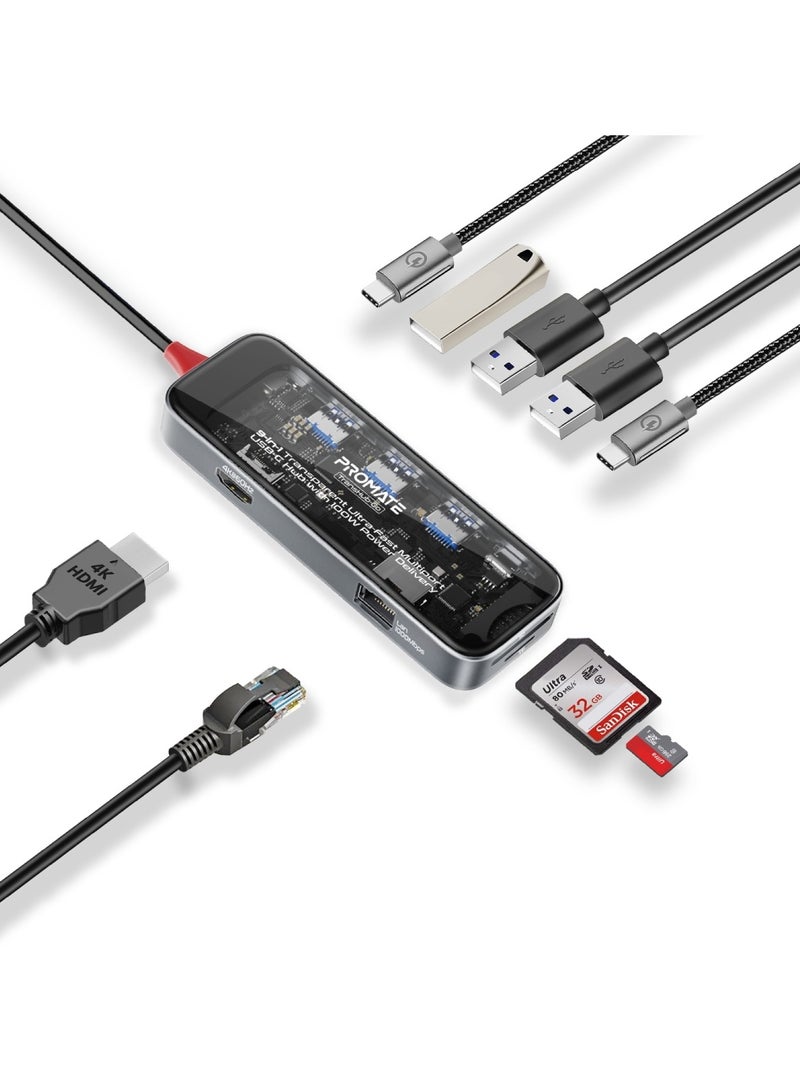 USB-C Hub, 9-In-1 Premium Multi-Display Media Hub With Prime 4K@60Hz HDMI, 1000Mbps High-Speed LAN, SD/TF Card Slot, Dual USB-A 5Gbps Ports, 100W USB-C Power Delivery For MacBook Pro Black