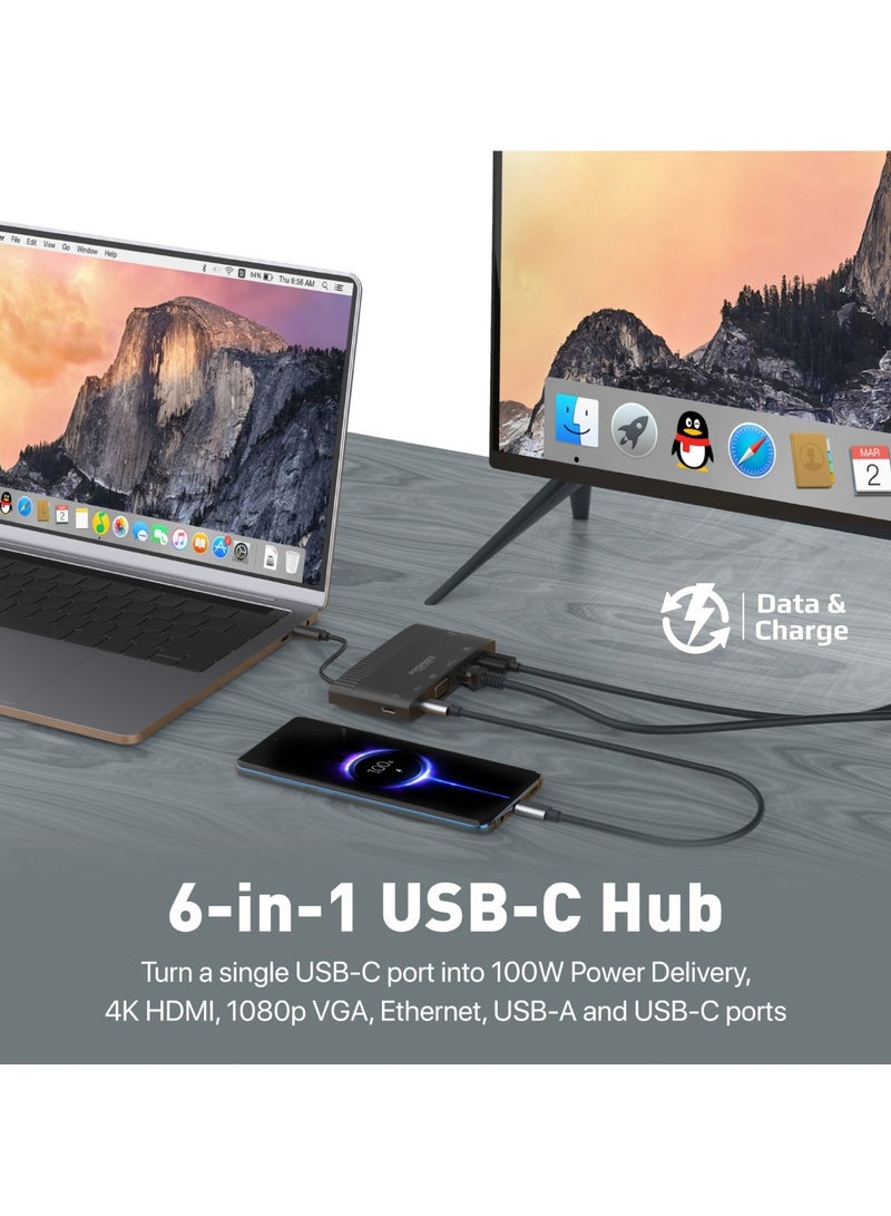 USB-C™ Hub, 6-In-1 Type-C Sync/Charge Adapter With 4K HDMI, 1080p VGA, 1000Mbps LAN, 100W USB-C™ Power Delivery, 5Gbps USB 3.0 And USB-C Ports For MacBook Pro, iPad Air, Galaxy S22, MediaHub-C6 Black