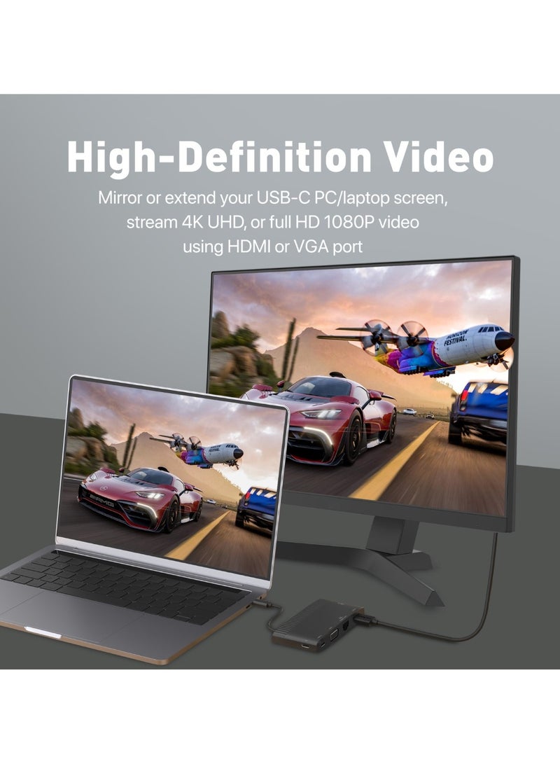 USB-C™ Hub, 6-In-1 Type-C Sync/Charge Adapter With 4K HDMI, 1080p VGA, 1000Mbps LAN, 100W USB-C™ Power Delivery, 5Gbps USB 3.0 And USB-C Ports For MacBook Pro, iPad Air, Galaxy S22, MediaHub-C6 Black