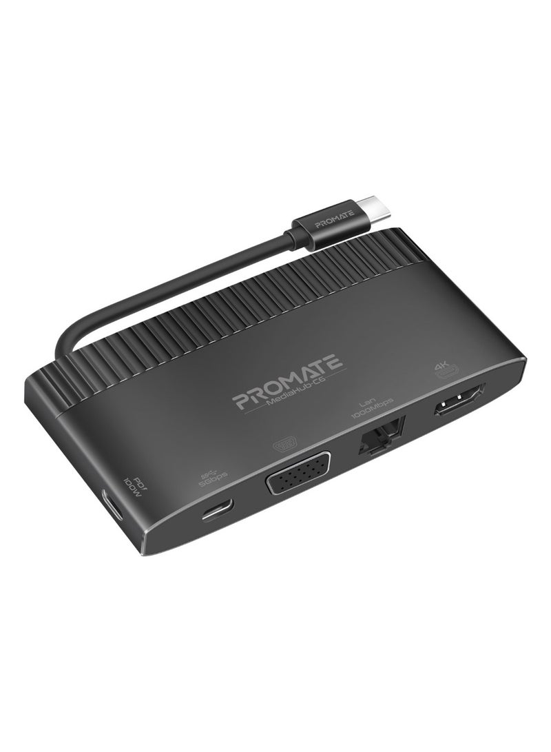 USB-C™ Hub, 6-In-1 Type-C Sync/Charge Adapter With 4K HDMI, 1080p VGA, 1000Mbps LAN, 100W USB-C™ Power Delivery, 5Gbps USB 3.0 And USB-C Ports For MacBook Pro, iPad Air, Galaxy S22, MediaHub-C6 Black