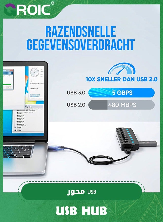 USB Hub 3.0, 7 Port USB Hub Splitter with Individual On/Off LED Switches, 5Gbps HighSpeed Data USB Extension for Laptop, iMac, USB Flash Drives, Mobile HDD, Printer, Camera and More