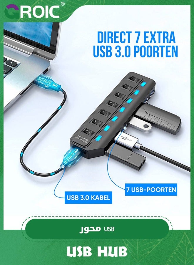 USB Hub 3.0, 7 Port USB Hub Splitter with Individual On/Off LED Switches, 5Gbps HighSpeed Data USB Extension for Laptop, iMac, USB Flash Drives, Mobile HDD, Printer, Camera and More