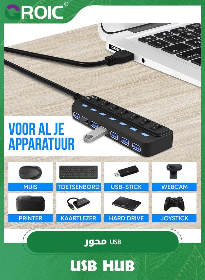 USB Hub 3.0, 7 Port USB Hub Splitter with Individual On/Off LED Switches, 5Gbps HighSpeed Data USB Extension for Laptop, iMac, USB Flash Drives, Mobile HDD, Printer, Camera and More