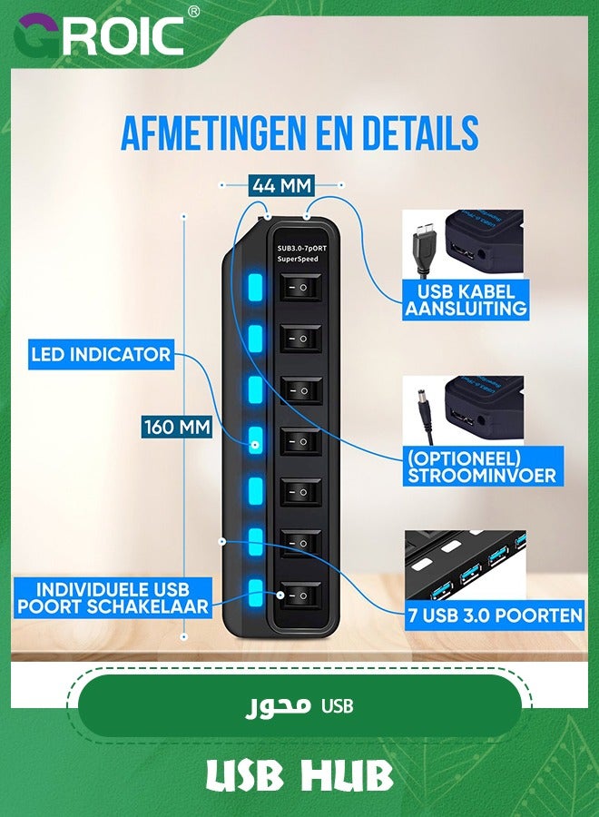 USB Hub 3.0, 7 Port USB Hub Splitter with Individual On/Off LED Switches, 5Gbps HighSpeed Data USB Extension for Laptop, iMac, USB Flash Drives, Mobile HDD, Printer, Camera and More