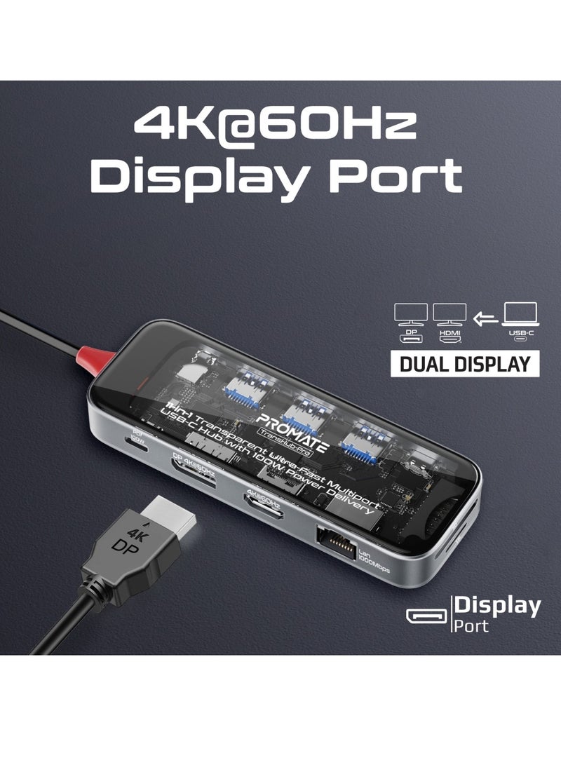 11-in-1 Multi-display Hub With Dual 4K Hdmi, 4K Displayports, Ultra-fast 1000Mbps Lan, Aux, SD/TF Card Slot, USB Ports, Efficient 100W USB-C Power Delivery For Macbook Pro, Dell, Transhub-Pro Black