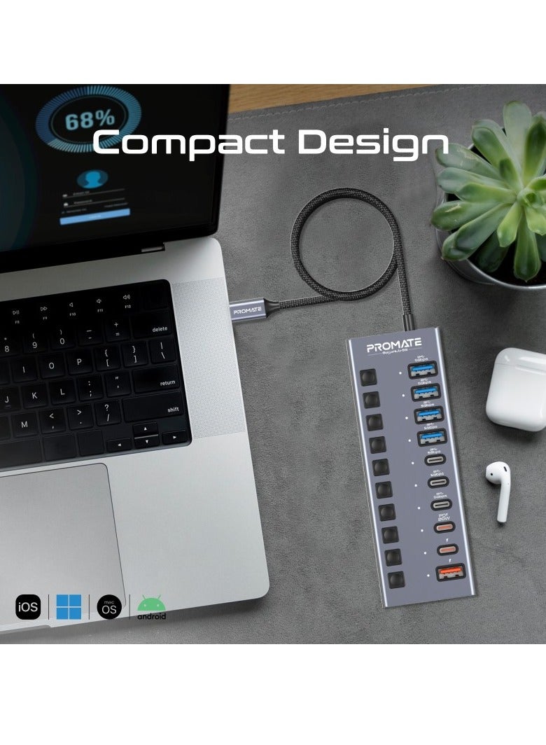 10 In 1 USB-C Multiport Hub, 3 USB-C And  4 USB-A Ports With 5Gbps Data Transfer, Fast Charging USB-C And USB-A Ports, 20W USB-C PD Port With Individual Power Switches And Plug and Play, Gegahub-5G Grey
