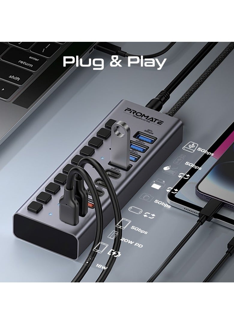 10 In 1 USB-C Multiport Hub, 3 USB-C And  4 USB-A Ports With 5Gbps Data Transfer, Fast Charging USB-C And USB-A Ports, 20W USB-C PD Port With Individual Power Switches And Plug and Play, Gegahub-5G Grey