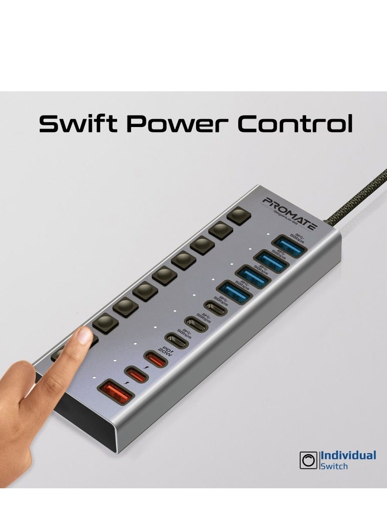 10 In 1 USB-C Multiport Hub, 3 USB-C And  4 USB-A Ports With 5Gbps Data Transfer, Fast Charging USB-C And USB-A Ports, 20W USB-C PD Port With Individual Power Switches And Plug and Play, Gegahub-5G Grey
