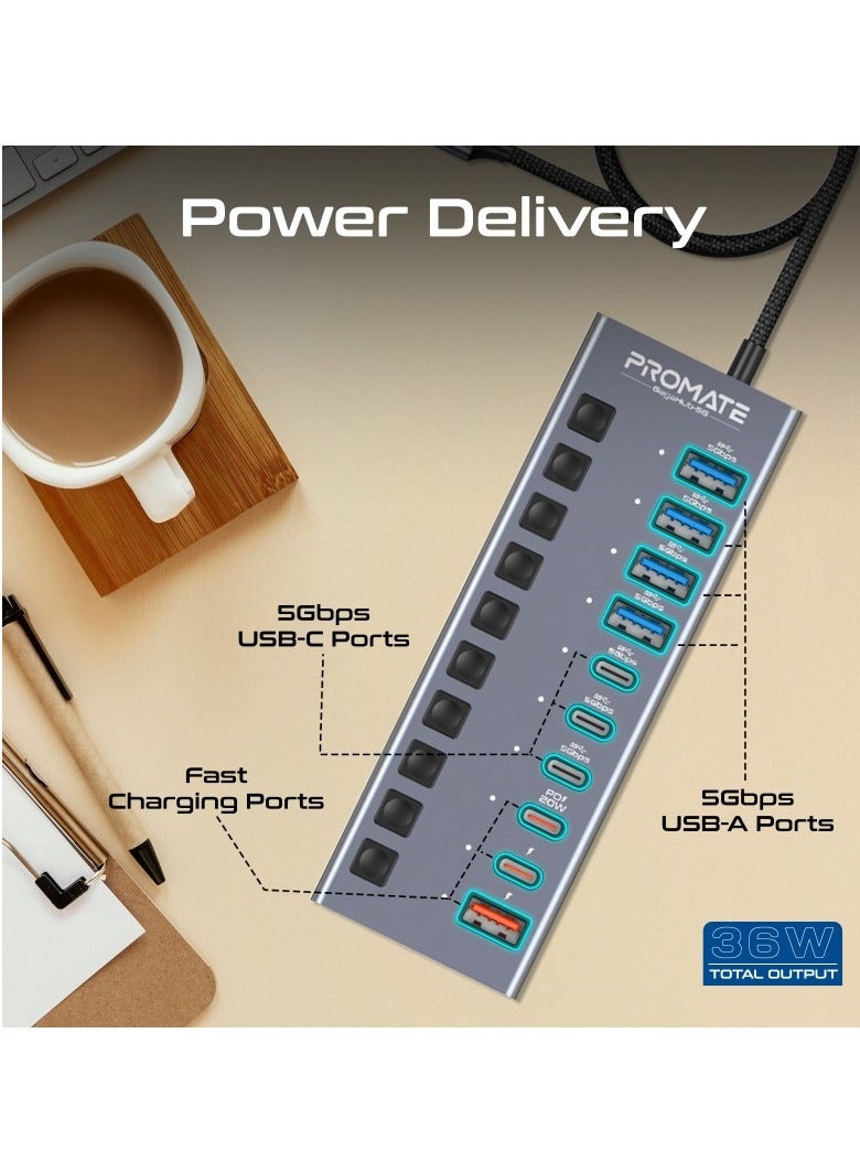 10 In 1 USB-C Multiport Hub, 3 USB-C And  4 USB-A Ports With 5Gbps Data Transfer, Fast Charging USB-C And USB-A Ports, 20W USB-C PD Port With Individual Power Switches And Plug and Play, Gegahub-5G Grey