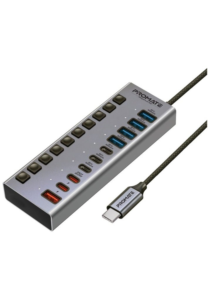 10 In 1 USB-C Multiport Hub, 3 USB-C And  4 USB-A Ports With 5Gbps Data Transfer, Fast Charging USB-C And USB-A Ports, 20W USB-C PD Port With Individual Power Switches And Plug and Play, Gegahub-5G Grey