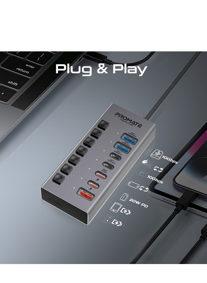 7-in-1 USB-C Multiport Hub,  Dual USB-C And USB-A Ports With 10Gbps Data Transfer, Fast Charging USB-C And USB-A Ports, 20W USB-C PD Port, Individual Power Switch And Plug And Play, Gegahub-10G Grey