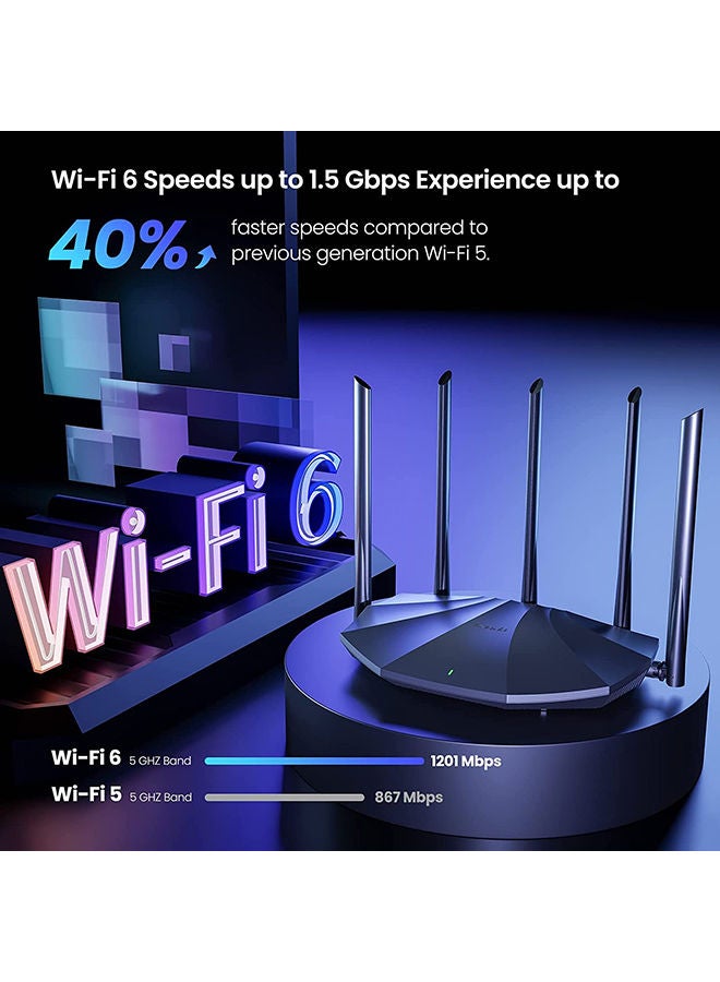 TX2 Pro WiFi 6 AX1500 Smart WiFi Router, Dual Band Gigabit Wireless Internet WiFi 6 Router, 5 * 6dBi High-Gain Antennas, 3 Gigabit LAN Ports, WPA3+OFDMA+MU-MIMO Black