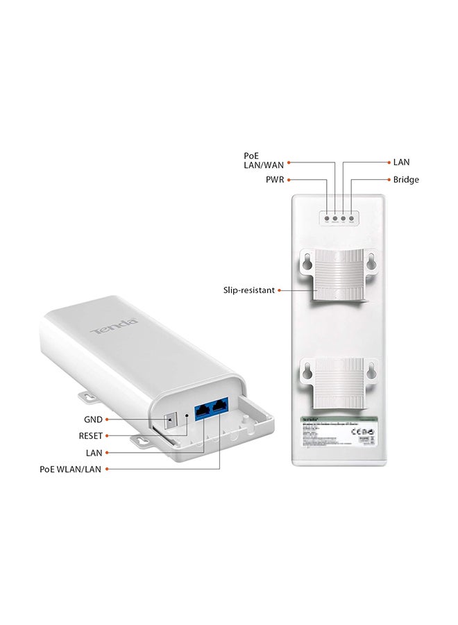 Outdoor Access Point Wi-Fi 2.4GHz 11N 150Mbps, 2 * 10 / 100Mbps Ethernet Port, Passive PoE, -30 ℃ ~ 60 ℃, IP64 Waterproof Enclosure, 6000V Lightning Protection(O3) White