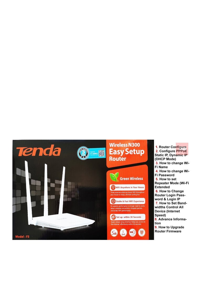 TENDA F3 Wireless N300 Home Access Point, 300 Mbps, IP QoS, WPS Button White