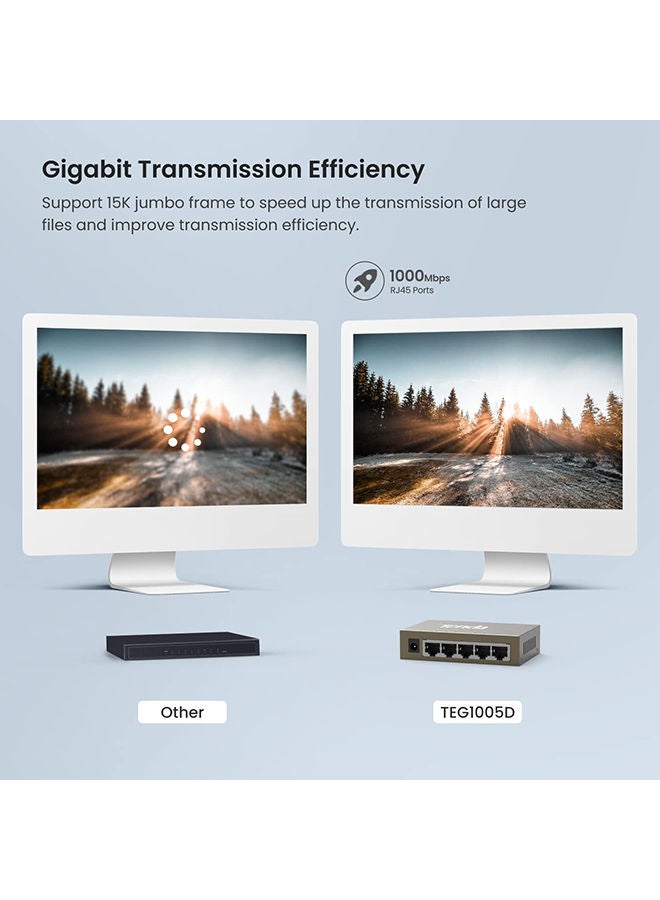 TEG1005D, 5-Port Gigabit Ethernet Switch, Unmanaged Ethernet Splitter, Network Switch Hub, Traffic Optimization, Plug & Play, Fan-less Metal Design, Limited Lifetime Protection Grey