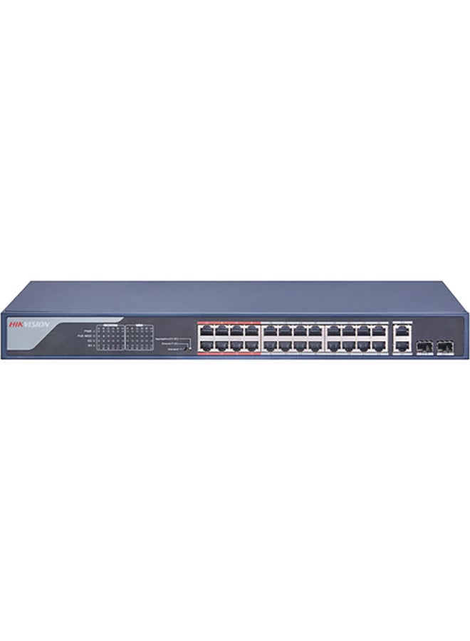 DS-3E1326P-EI 24 Port Fast Ethernet Smart POE Switch, 24 × 100 Mbps PoE RJ45 ports, 2 × gigabit combos, AF/AT camera can reach up to 300 METER in extend mode. Blue
