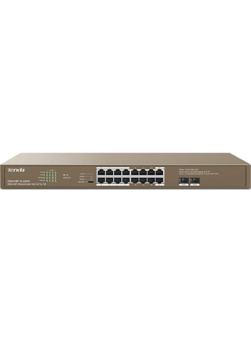 TEG1118P-16-250W 16GE+2SFP Ethernet Switch With 16-Port PoE, 36bps Switch Capacity, 100-240V AC 50/60Hz Input Voltage, 6KV Lightning Protection, 250W Power Supply, TEG1118P-16-250W Brown