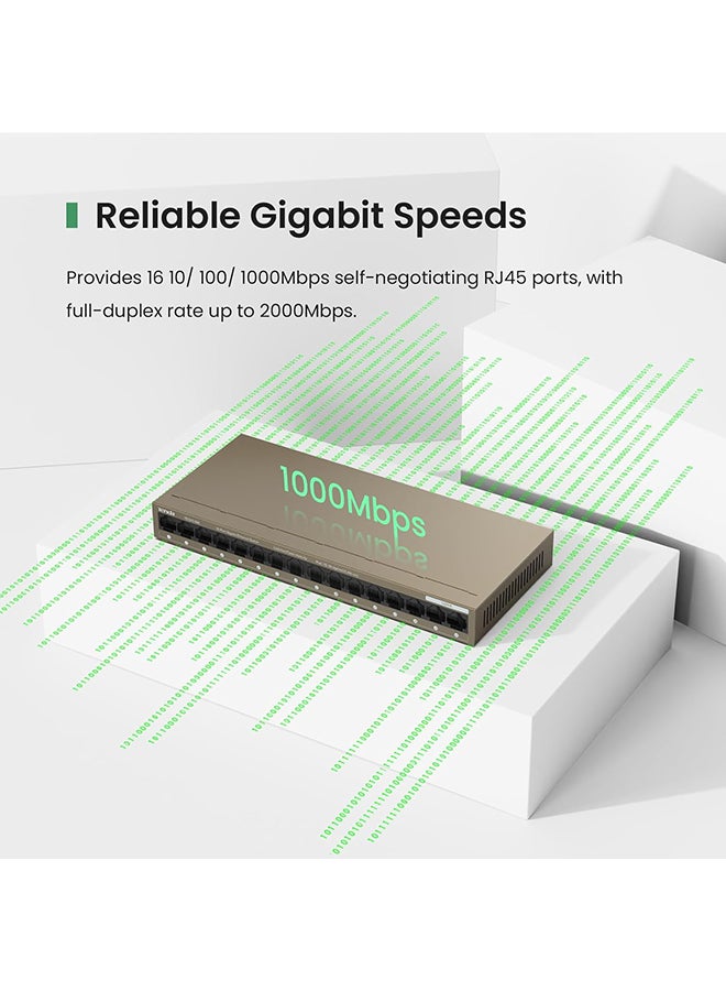 16-Port Gigabit Ethernet Switch, 6 kV Lightning Protection, 32Gbps Capacity, 2Mb Buffer, Mini Steel Shell, One Key VLAN, <12W Power Consumption | TEG1016M Brown