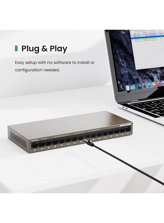 16-Port Gigabit Ethernet Switch, 6 kV Lightning Protection, 32Gbps Capacity, 2Mb Buffer, Mini Steel Shell, One Key VLAN, <12W Power Consumption | TEG1016M Brown