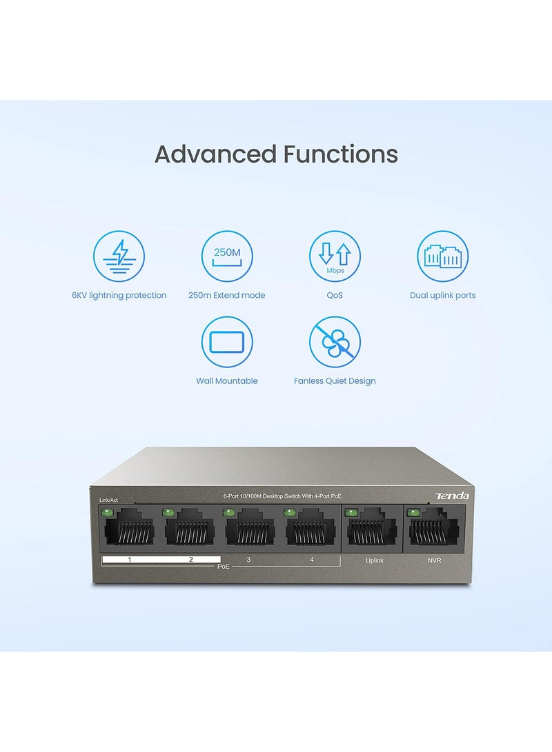 PoE Switch 6-Port 10/100Mbps (4 PoE+ & 2 Uplink Ports, 58 W for all PoE Ports, QoS, 250m Transmission Distance, 802.3at/af, Desktop/Wall Mounting, Metal Case, Plug and Play) (TEF1106P-4-63W) Brown
