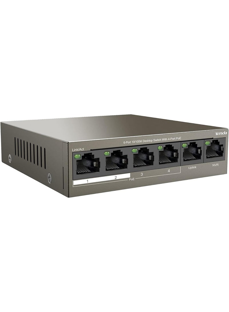 PoE Switch 6-Port 10/100Mbps (4 PoE+ & 2 Uplink Ports, 58 W for all PoE Ports, QoS, 250m Transmission Distance, 802.3at/af, Desktop/Wall Mounting, Metal Case, Plug and Play) (TEF1106P-4-63W) Brown